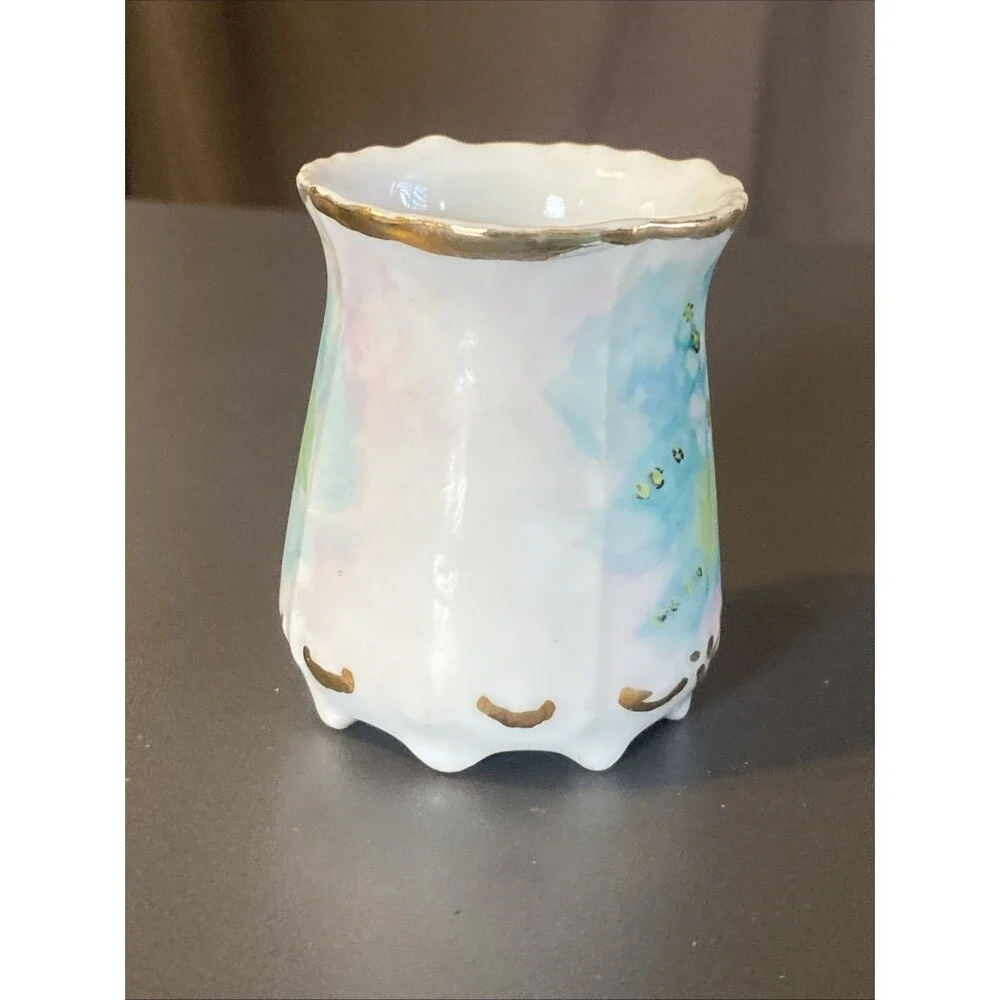 Vintage Toothpick Holder Floral Signed Janet Mock 2.5” Painted Footed